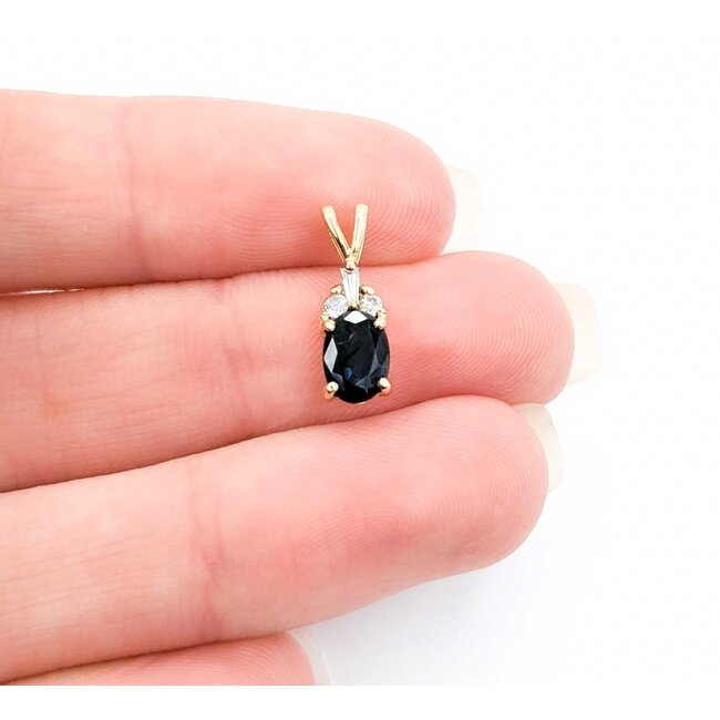 Pendant Drop .12ctw Round & Baguette Diamonds 1.1ct Blue/Green Sapphire 14ky .55x.2 .74g 225030125