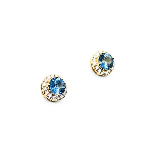 Earrings Stud .28ctw Round Diamonds 1.17ctw Blue Aquamarine 14ky 8.4mm 2.35g 125040022