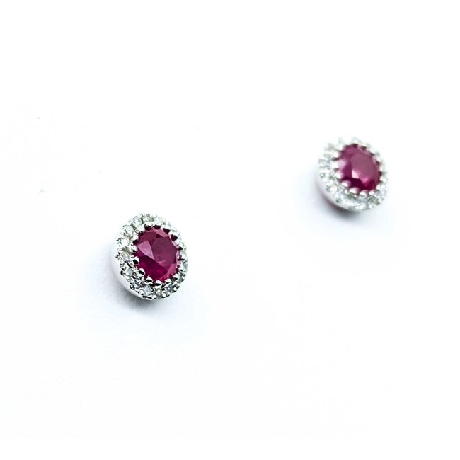 Earrings Stud Halo .09ctw Round Diamonds .63ctw Ruby 14kw 6.5mm 1.15g 125040027