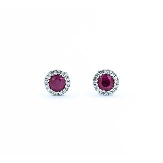 Earrings Stud Halo .09ctw Round Diamonds .63ctw Ruby 14kw 6.5mm 1.15g 125040027