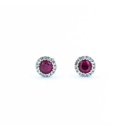Earrings Stud Halo .09ctw Round Diamonds .63ctw Ruby 14kw 6.5mm 1.15g 125040027