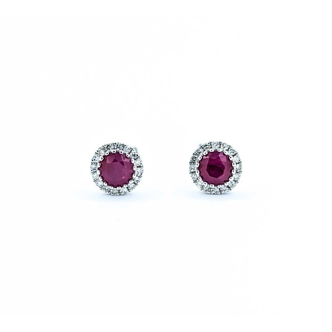 Earrings Stud Halo .09ctw Round Diamonds .63ctw Ruby 14kw 6.5mm 1.15g 125040027