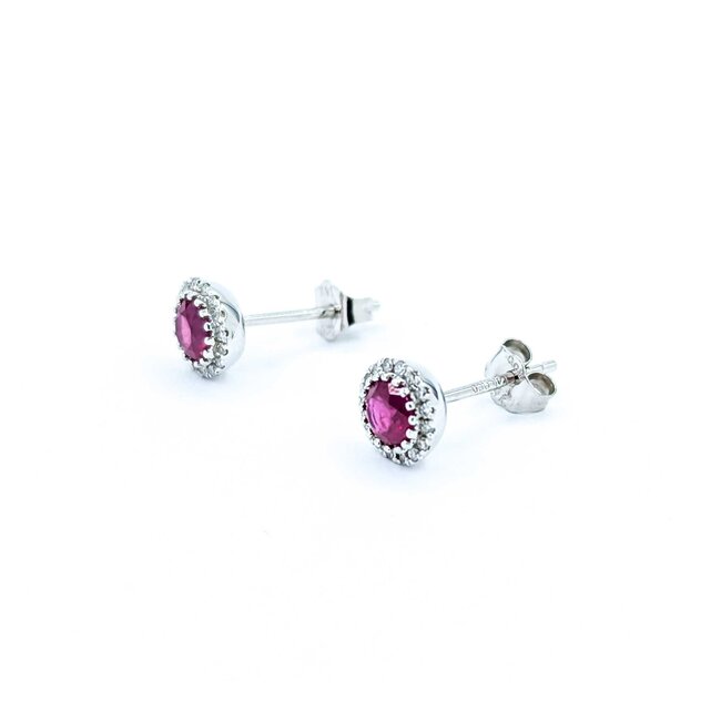Earrings Stud Halo .09ctw Round Diamonds .63ctw Ruby 14kw 6.5mm 1.15g 125040027