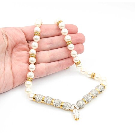 Necklace 1.90ct Marquise Diamond 6.00ctw Diamonds 8.5mm Pearl 18ky 69.6g 225020012