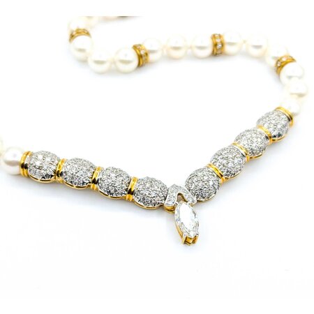 Necklace 1.90ct Marquise Diamond 6.00ctw Diamonds 8.5mm Pearl 18ky 69.6g 225020012