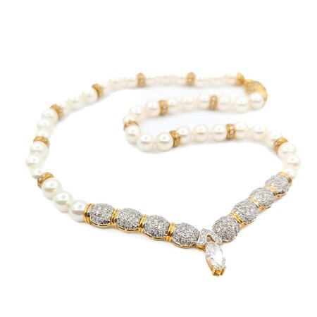 Necklace 1.90ct Marquise Diamond 6.00ctw Diamonds 8.5mm Pearl 18ky 69.6g 225020012