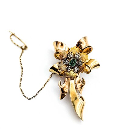 Pin .38ctw Rose Cut Diamonds Flower Pendant .20ct Emerald 2x1.5" 18ky 224011755