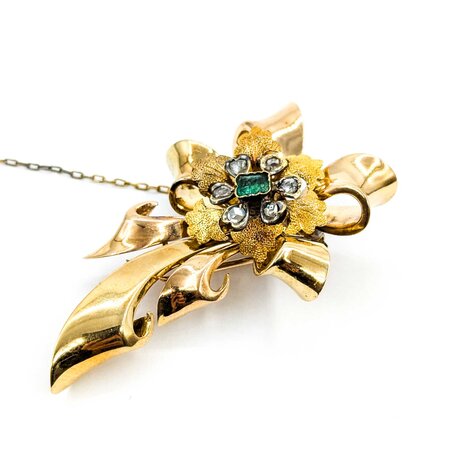 Pin .38ctw Rose Cut Diamonds Flower Pendant .20ct Emerald 2x1.5" 18ky 224011755