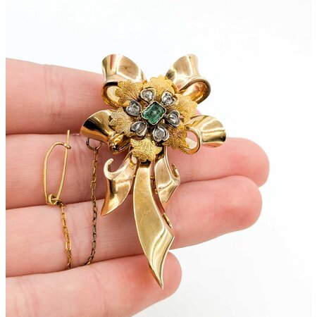 Pin .38ctw Rose Cut Diamonds Flower Pendant .20ct Emerald 2x1.5" 18ky 224011755