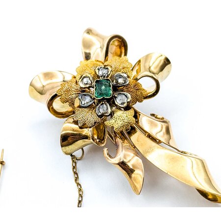 Pin .38ctw Rose Cut Diamonds Flower Pendant .20ct Emerald 2x1.5" 18ky 224011755