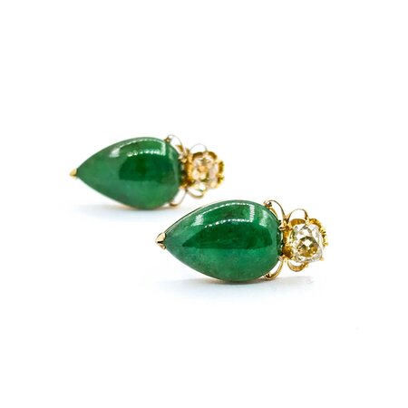 Earring Non Pierced Screw Back .60ctw Old Mine Cut Diamonds 16x11mm Jade 9ky 23x11mm 6.52g 225040130