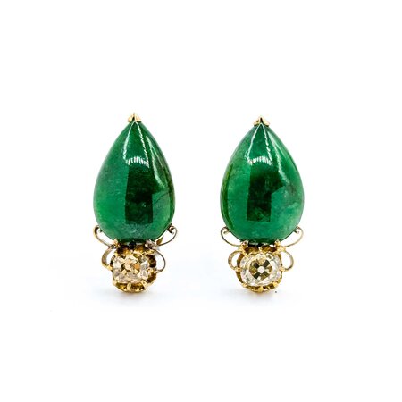 Earring Non Pierced Screw Back .60ctw Old Mine Cut Diamonds 16x11mm Jade 9ky 23x11mm 6.52g 225040130