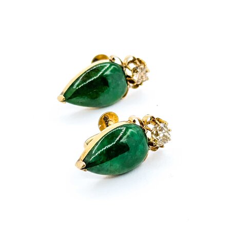 Earring Non Pierced Screw Back .60ctw Old Mine Cut Diamonds 16x11mm Jade 9ky 23x11mm 6.52g 225040130