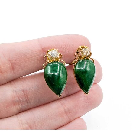 Earring Non Pierced Screw Back .60ctw Old Mine Cut Diamonds 16x11mm Jade 9ky 23x11mm 6.52g 225040130