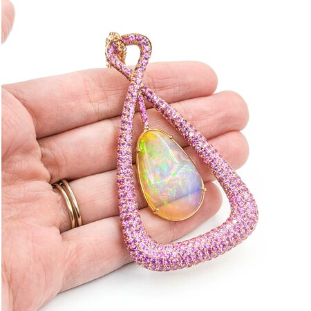Pendant Pave 4.20ctw Pink Sapphires 23.5ct Australian Crystal Opal 18kr 75x43 24" 35.55g 225040054