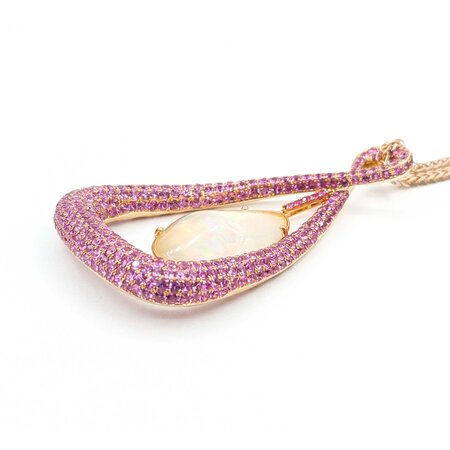 Pendant Pave 4.20ctw Pink Sapphires 23.5ct Australian Crystal Opal 18kr 75x43 24" 35.55g 225040054