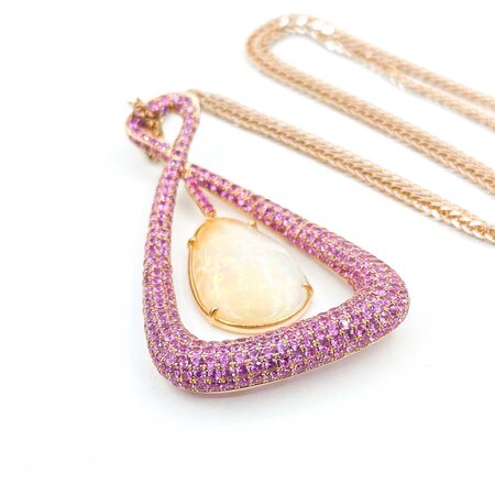 Pendant Pave 4.20ctw Pink Sapphires 23.5ct Australian Crystal Opal 18kr 75x43 24" 35.55g 225040054