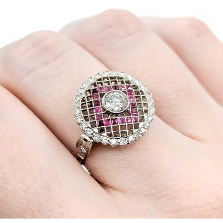 Ring Checkerboard .65ctw Round Diamonds .25ctw Ruby 900pt 15.8mm Sz6.5 3.9g 225040080