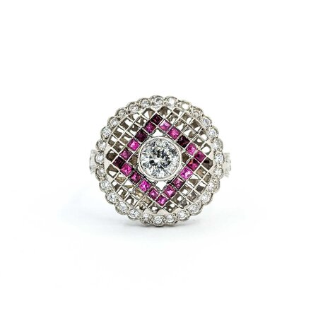 Ring Checkerboard .65ctw Round Diamonds .25ctw Ruby 900pt 15.8mm Sz6.5 3.9g 225040080