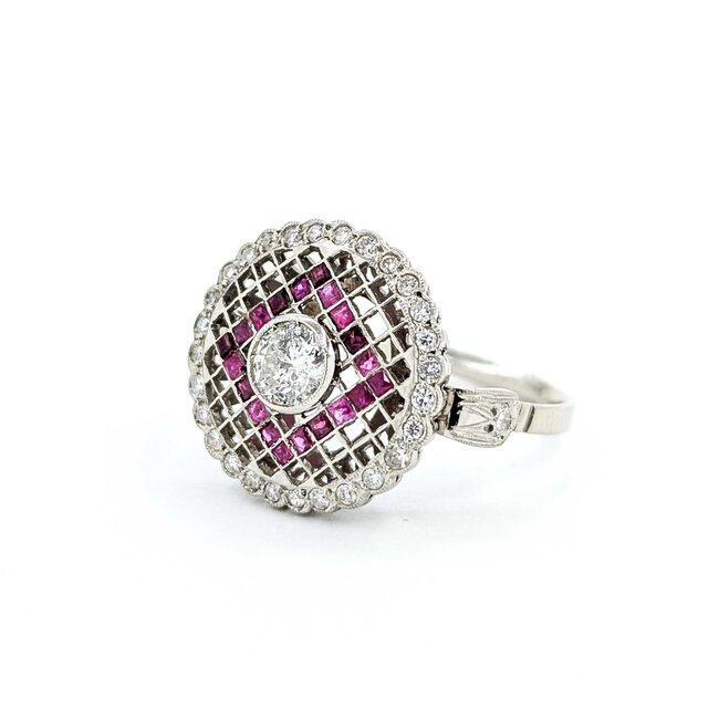 Ring Checkerboard .65ctw Round Diamonds .25ctw Ruby 900pt 15.8mm Sz6.5 3.9g 225040080