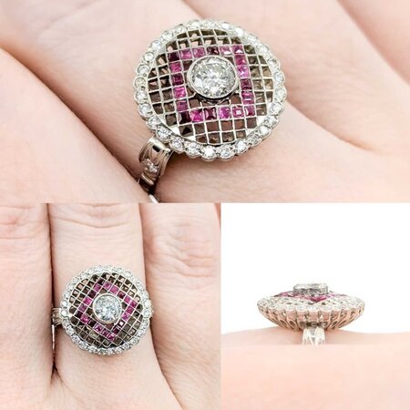 Ring Checkerboard .65ctw Round Diamonds .25ctw Ruby 900pt 15.8mm Sz6.5 3.9g 225040080