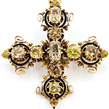 Brooch Cross 5ctw Old Mine Cut Diamonds 14ky 42mm 14.41g 225040128
