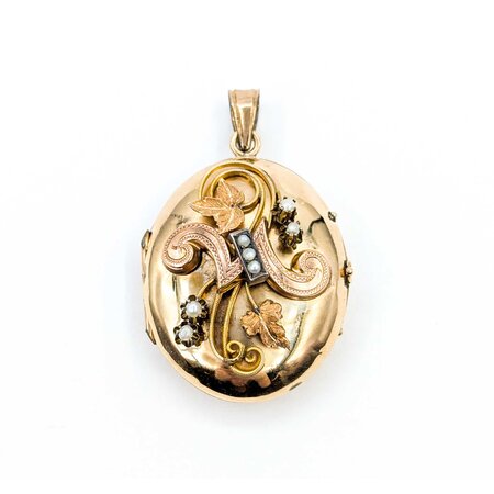 Pendant Leaf Motif Locket 2mm Seed Pearls 12ky 1.9x1.2" 11.2g 225040064