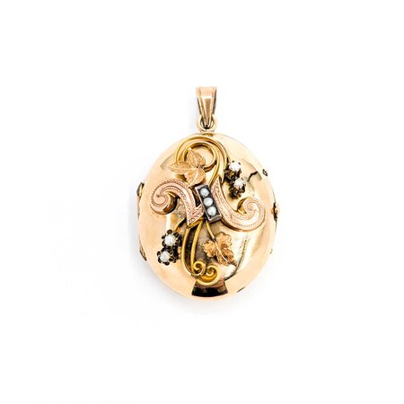 Pendant Leaf Motif Locket 2mm Seed Pearls 12ky 1.9x1.2" 11.2g 225040064