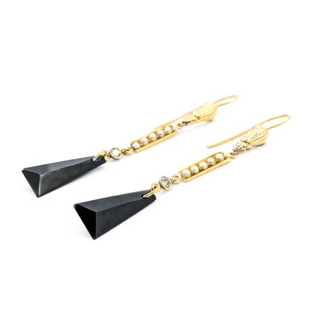 Earrings Dangle .20ctw Round Diamonds Onyx 2.5mm Seed Pearls 14ky 2.6x.4" 4g 225040101