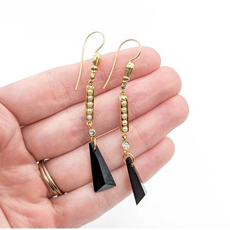 Earrings Dangle .20ctw Round Diamonds Onyx 2.5mm Seed Pearls 14ky 2.6x.4" 4g 225040101
