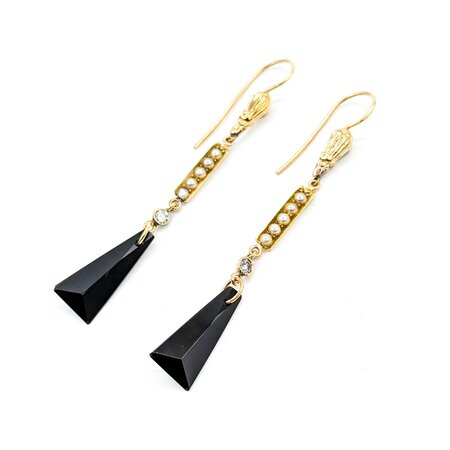 Earrings Dangle .20ctw Round Diamonds Onyx 2.5mm Seed Pearls 14ky 2.6x.4" 4g 225040101