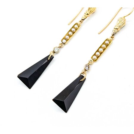 Earrings Dangle .20ctw Round Diamonds Onyx 2.5mm Seed Pearls 14ky 2.6x.4" 4g 225040101