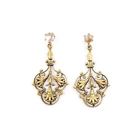 Earrings Fleur De Lis Dangle 5mm Moonstone 14ky 1.6x.8" 8.8g 225040102