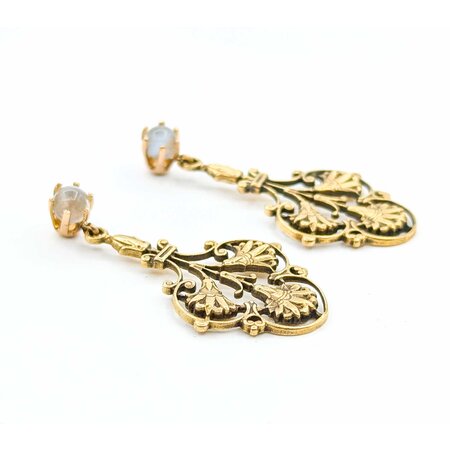 Earrings Fleur De Lis Dangle 5mm Moonstone 14ky 1.6x.8" 8.8g 225040102