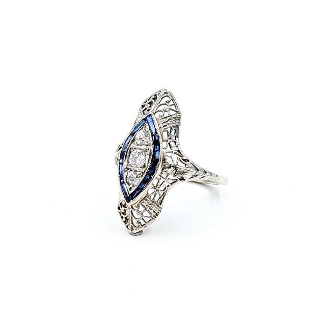 Ring Filigree Shield .28ctw Old Euro Cut Diamonds .30ctw Sapphire 18kw 26x14.5mm Sz5.5 4.1g 225040072