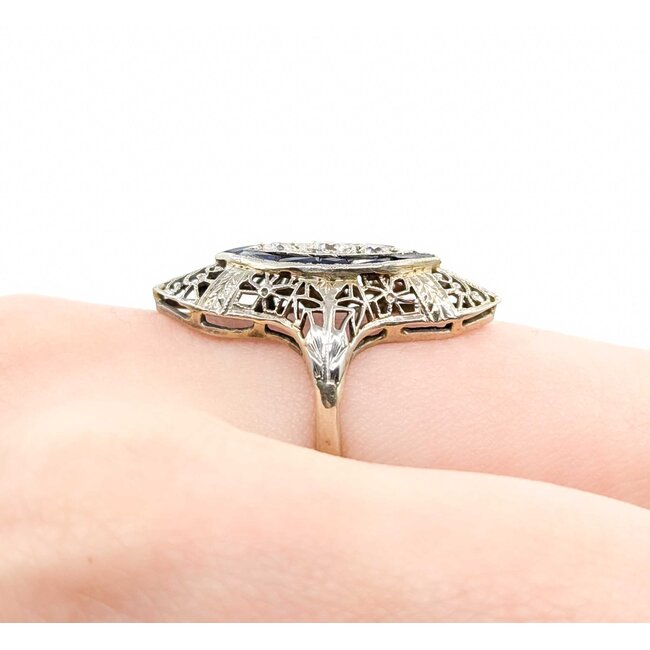 Ring Filigree Shield .28ctw Old Euro Cut Diamonds .30ctw Sapphire 18kw 26x14.5mm Sz5.5 4.1g 225040072