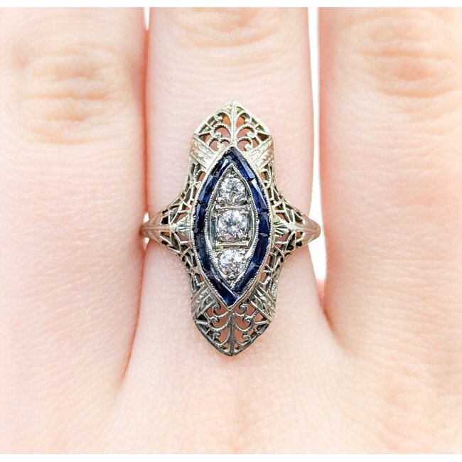 Ring Filigree Shield .28ctw Old Euro Cut Diamonds .30ctw Sapphire 18kw 26x14.5mm Sz5.5 4.1g 225040072