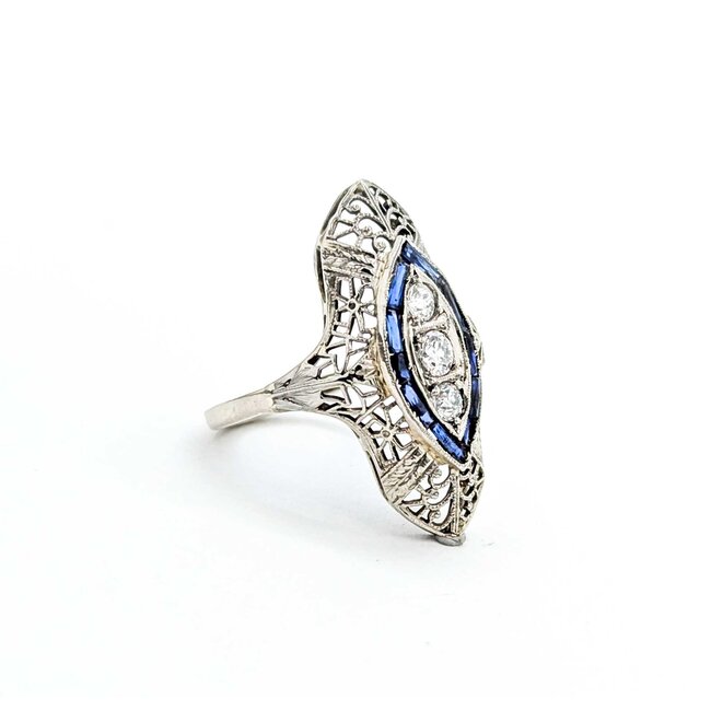 Ring Filigree Shield .28ctw Old Euro Cut Diamonds .30ctw Sapphire 18kw 26x14.5mm Sz5.5 4.1g 225040072