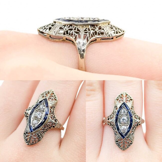 Ring Filigree Shield .28ctw Old Euro Cut Diamonds .30ctw Sapphire 18kw 26x14.5mm Sz5.5 4.1g 225040072