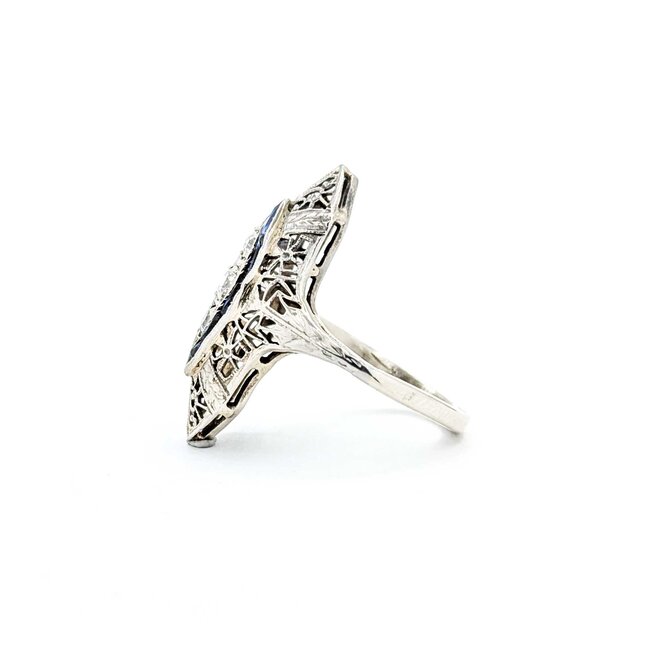 Ring Filigree Shield .28ctw Old Euro Cut Diamonds .30ctw Sapphire 18kw 26x14.5mm Sz5.5 4.1g 225040072
