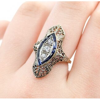 Ring Filigree Shield .28ctw Old Euro Cut Diamonds .30ctw Sapphire 18kw 26x14.5mm Sz5.5 4.1g 225040072