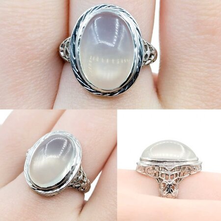 Ring Filigree 11ct Cabochon Moonstone 14kw 18.5x15mm Sz7 4.1g 225040073