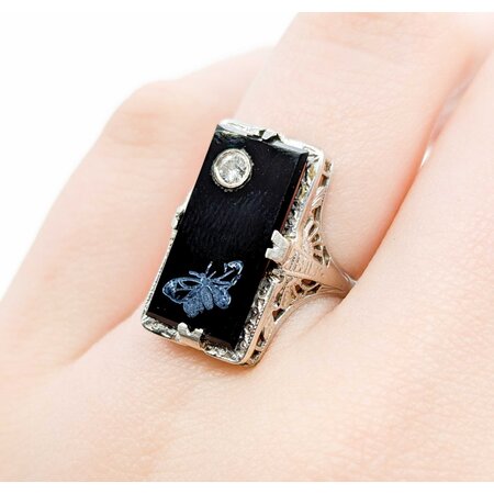 Ring Filigree .08ct Round Diamond 18x9mm Black Onyx 14kw 20x13mm Sz4.5 3.2g 225040074