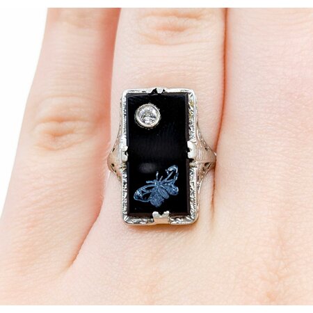 Ring Filigree .08ct Round Diamond 18x9mm Black Onyx 14kw 20x13mm Sz4.5 3.2g 225040074