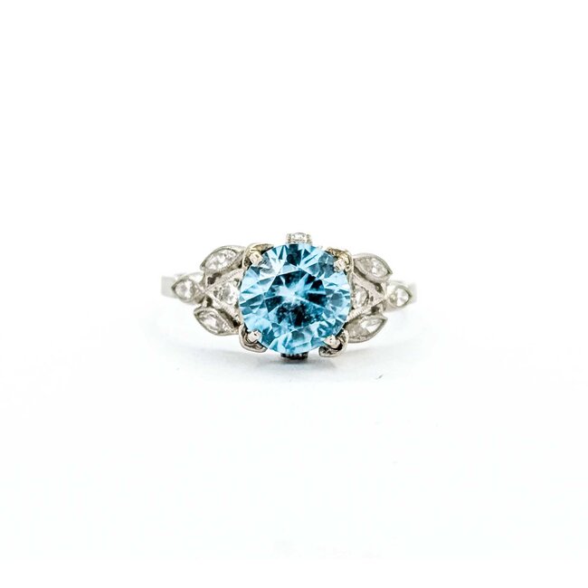 Ring Milgrain .33ctw Marquise & Round Diamonds 1.75ct Blue Zircon 900pt 7.5x7.7mm Sz7 3.9g 225040077
