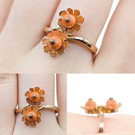Ring Double Flower 4.8mm Coral 14ky 18mm Sz7.5 4.6g 225040070