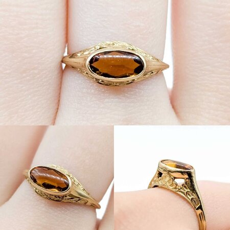 Ring Bezel Set Filigree 1ct Cabochon Citrine 14ky 7.5mm Sz6.5 1.5g 225040097
