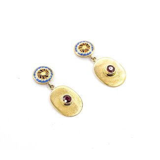 Earrings Bezel Set Drop .30ctw Ruby White & Blue Enamel 18ky/22ky 1x.5" 4.8g 225040106