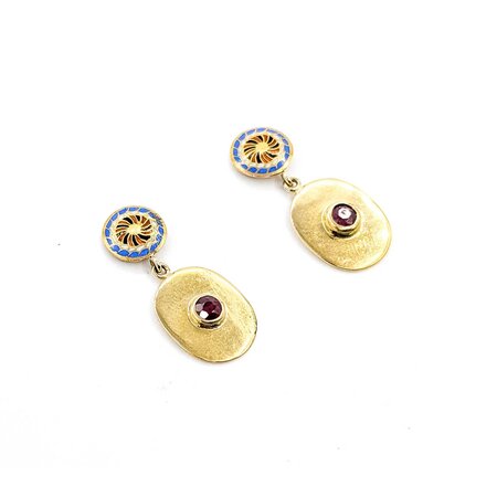 Earrings Bezel Set Drop .30ctw Ruby White & Blue Enamel 18ky/22ky 1x.5" 4.8g 225040106