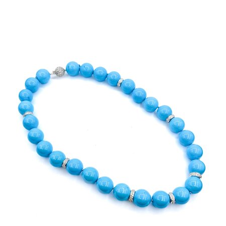 Necklace 1.50ctw Round Diamonds Strung Diamond Rondelles Turquoise Beads 18kw 17" 14mm 224032250